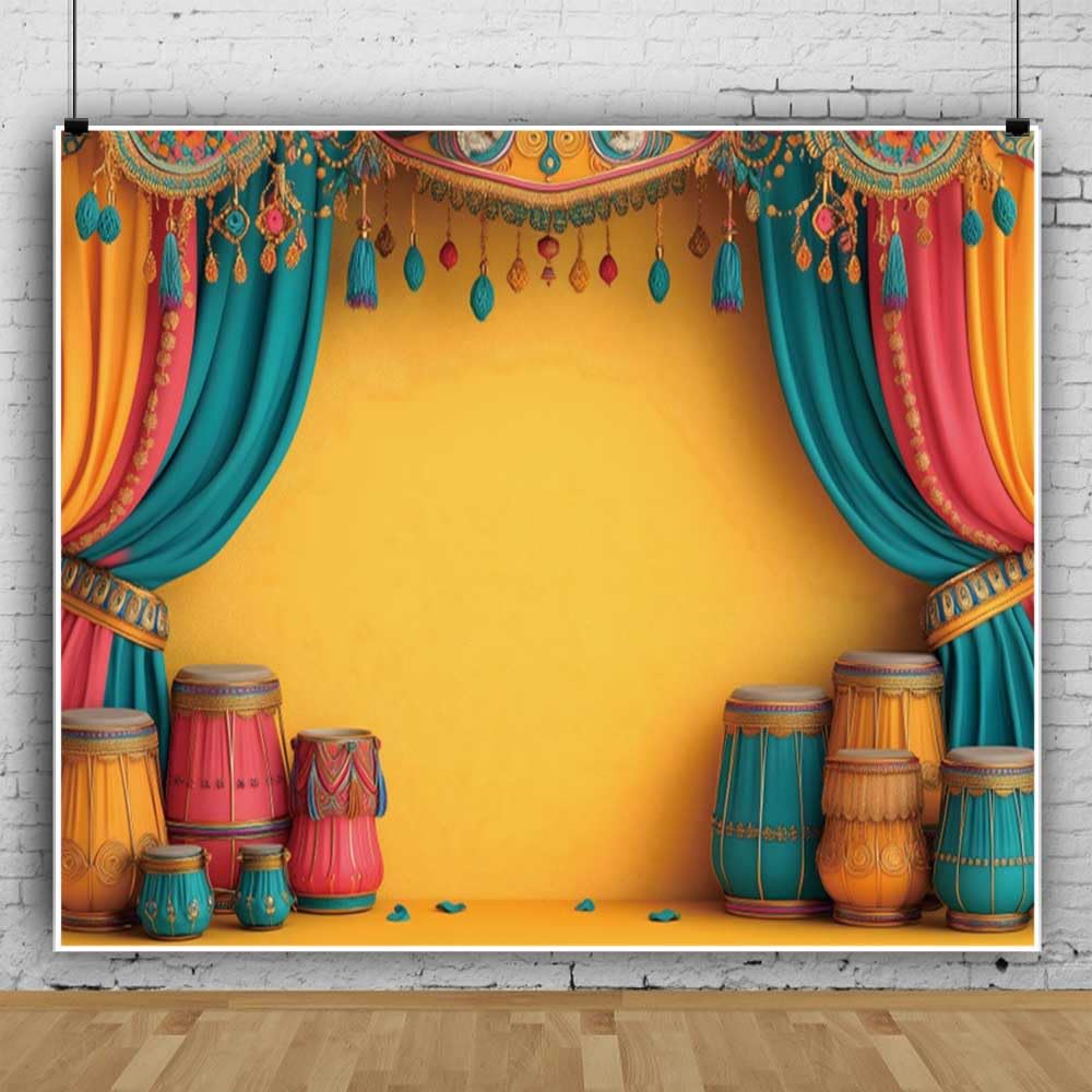 Photo 1 of 10x8ft India Pooja Backdrop for Photography Yellow and Blue Curtains Diwali Decorations Puja Ganpati Mehndi Festival Traditional Background Wedding Birthday Party Supplies Portrait Photoshoot