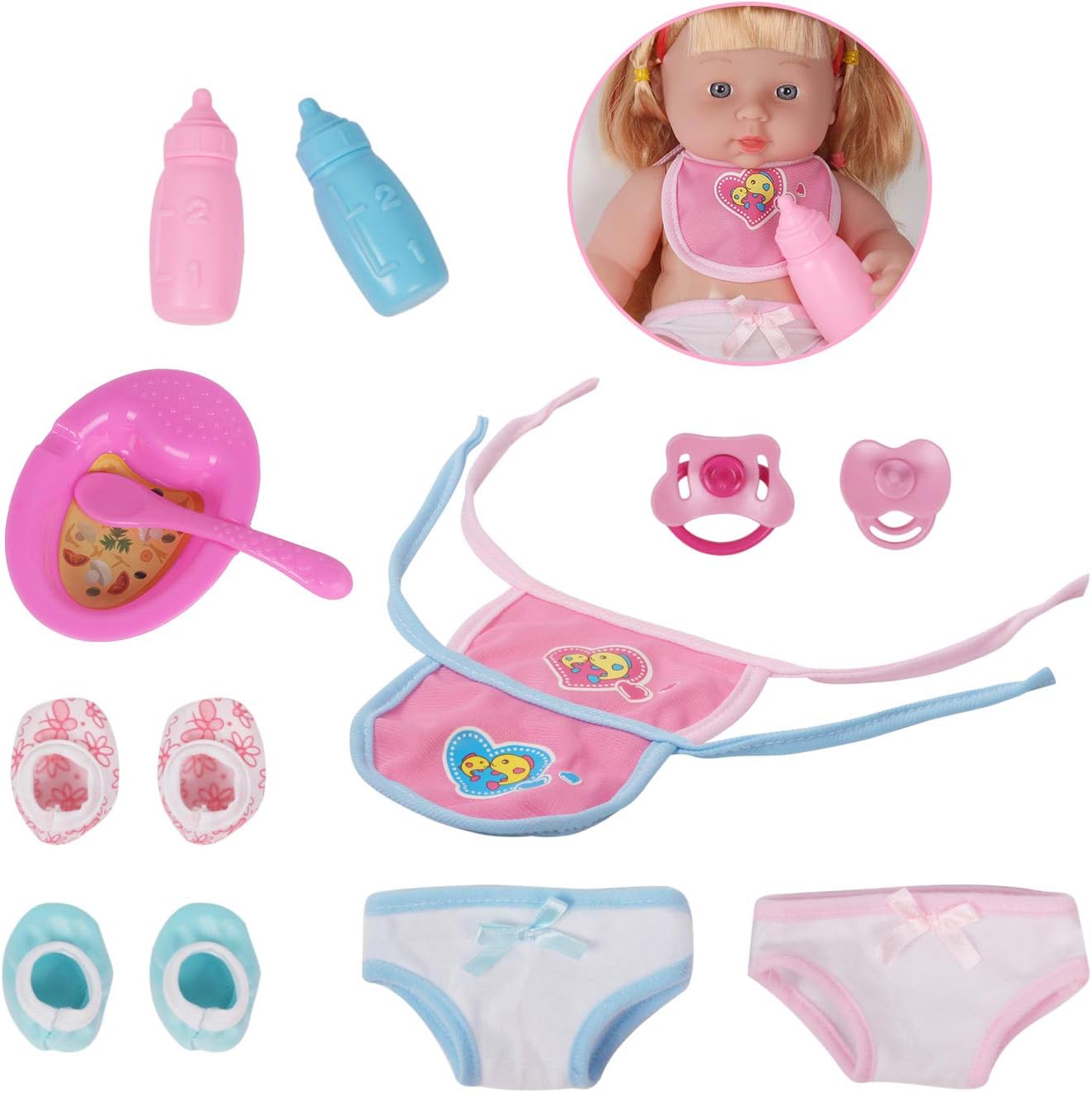 Huang Cheng Toys Doll Accessories 2 Bibs for 12-inch Doll Nursing Bottles Shoes Pacifiers Underwears Plate Spoon