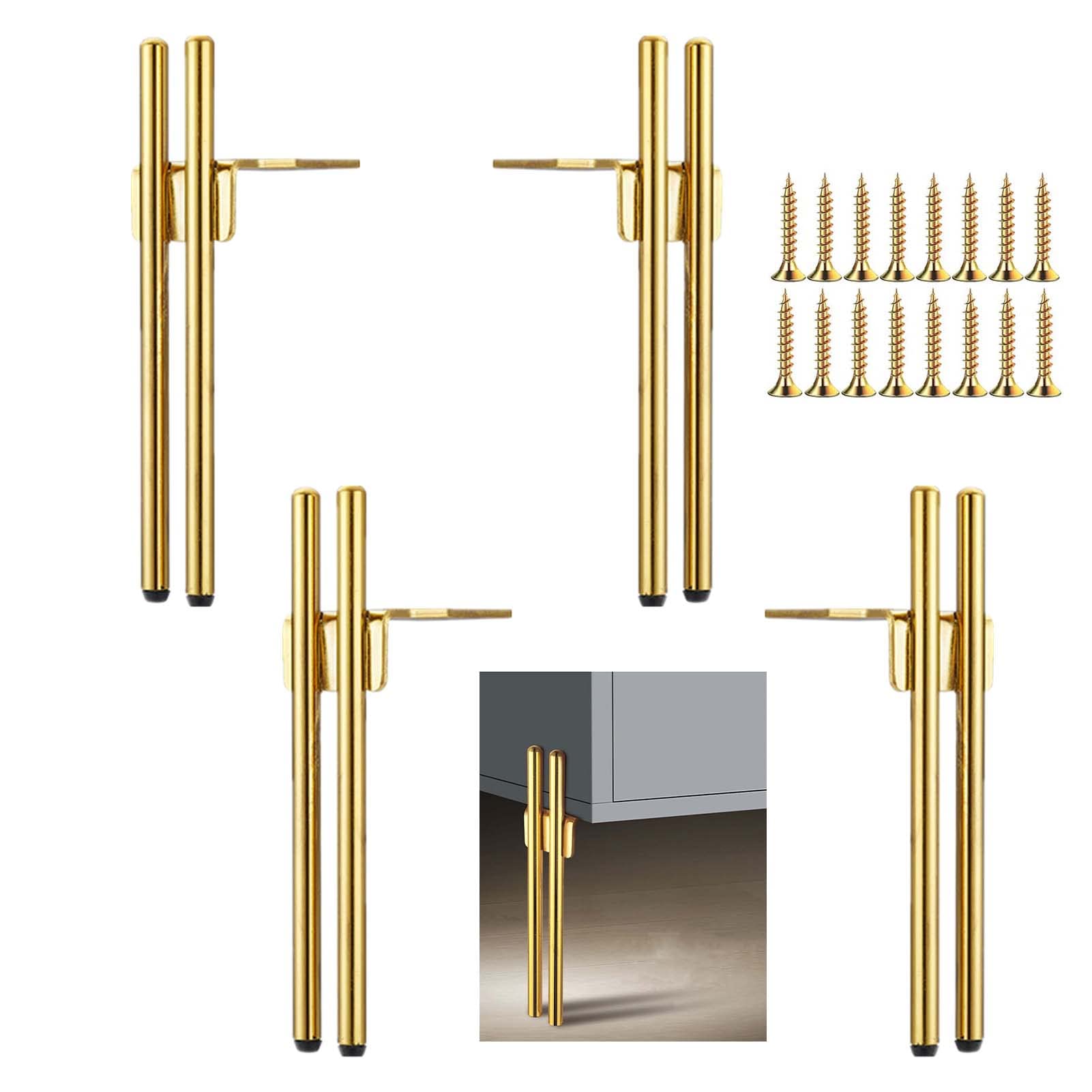 KMERCE 4Pcs Metal Furniture Legs, 7" Gold Modern Furniture Feet for Sofa TV Cabinet Coffee Table Bathroom Cabinet Chair Cupboard Couch Home DIY Projects with Screws + Floor Protection, 18cm