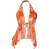 SHENHE Women's Sexy Backless Split Open Front Floral Halter Tank Flowy Beach Vacation Top