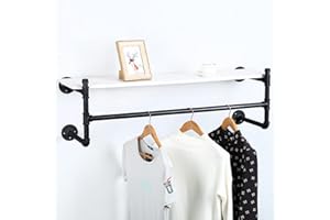 JIANZHUO Industrial Pipe Clothing Rack Wall Mounted with Wood Shelf,Rustic Retail Garment Rack Display Rack Cloths Rack,Pipe Shelving Floating Shelves