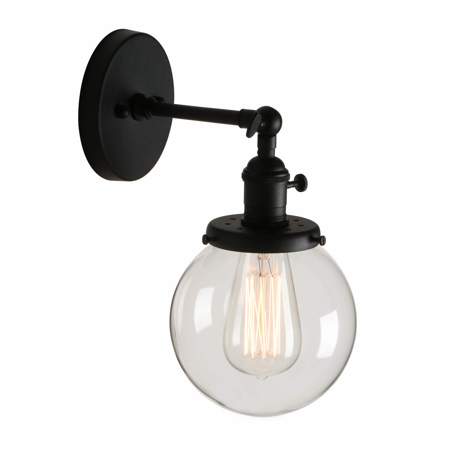 PathsOn Industrial Vintage Loft Bar Kitchen Switch Wall Lights Fittings Corridor Sconce Light Lamp Fixture with 15cm Globe Clear Glass Lampshade (Black)
