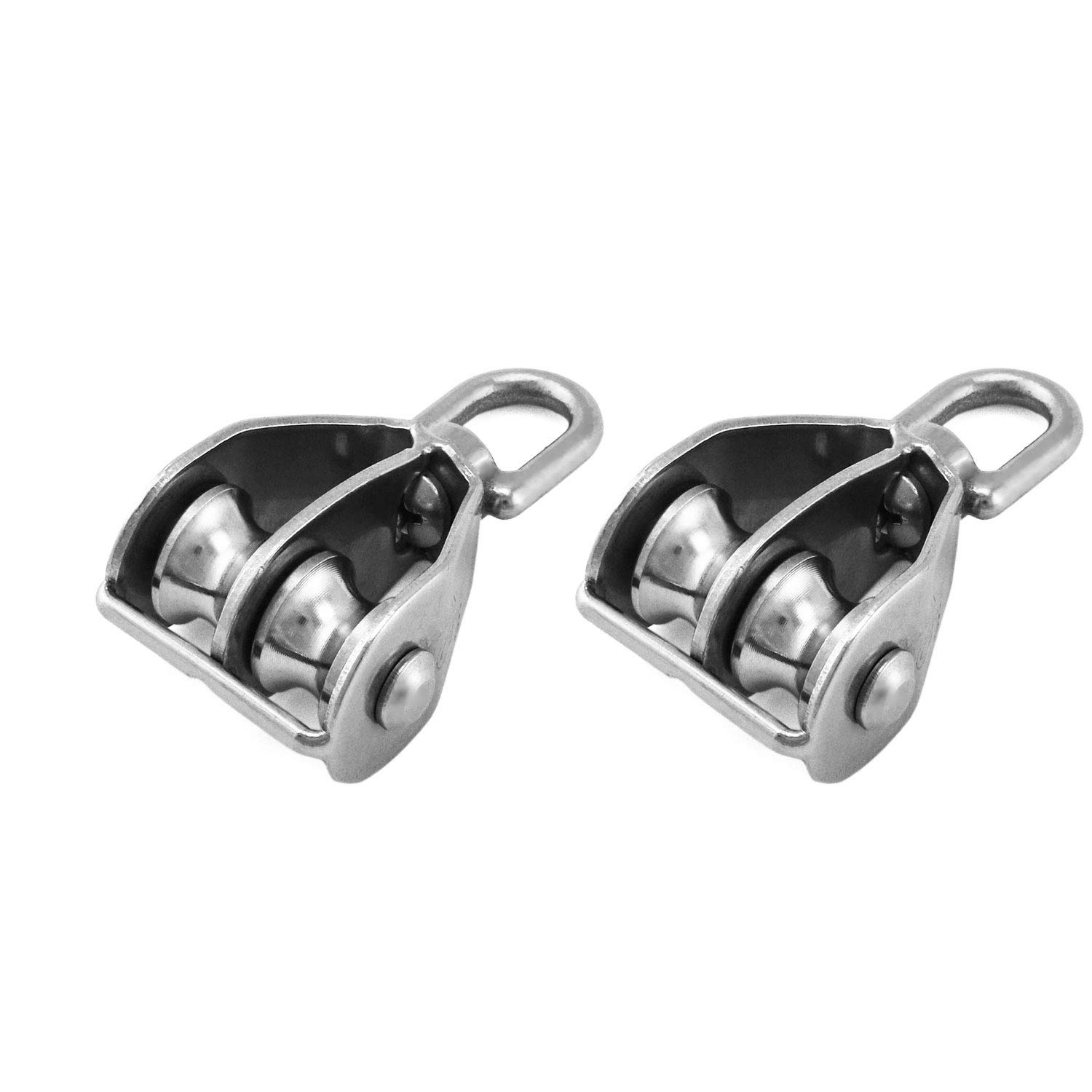 QWORK® 2PCS M15 Double Pulley Block 304 Stainless Steel Double Pulley Wheel Roller for Block and Tackle Pulley System