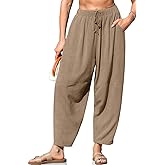 TARSE Women's Linen Harem Pants Casual Loose Fit Wide Leg Cropped Lightweight Drawstring Elastic Waist Pants with Pockets