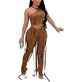 WOKANSE Women's Sexy 2 Piece Outfits Irregular Sleeveless Tank Top Solid Lace Up Split Bodycon Pants Set