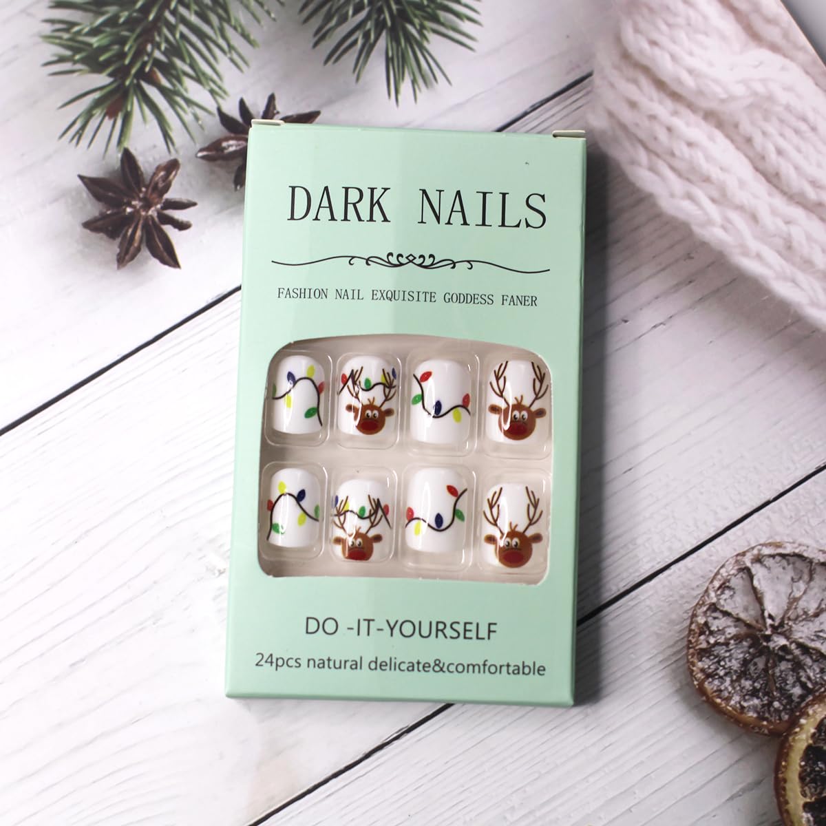 Christmas White Press on Nails Square Short Fake Nails Cute Elk False Nails with Cartoon Xmas Colorful Lights Designs Full Cover Acrylic Nails with Nail Glue Reusable Stick on Nails for Women 24Pcs - Image 4