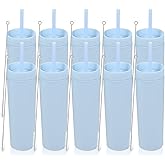Volhoply 16oz Plastic Skinny Tumbler with Lid and Straw Bulk 10 Pack,Insulated Double Wall BPA Free Matte Acrylic Tumblers,Iced Coffee Travel Mug Reusable Party Cup,Customizable Diy Gifts(Blue,10 Set)