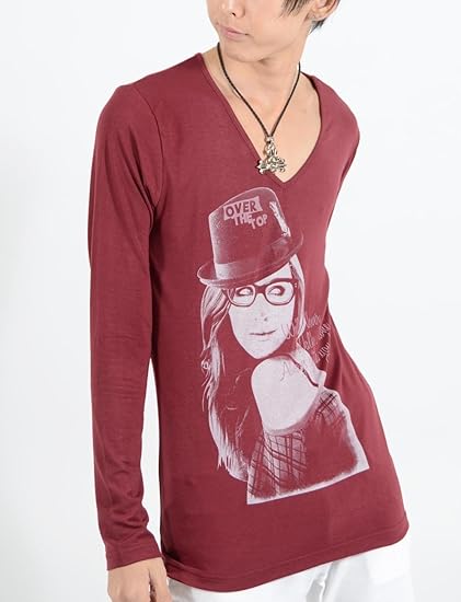 Amazon お兄系 ロンｔ メンズ メガネハットガールズフォトプリントvネックロンtee お兄系ロンt ダークレッドl Tシャツ カットソー 通販