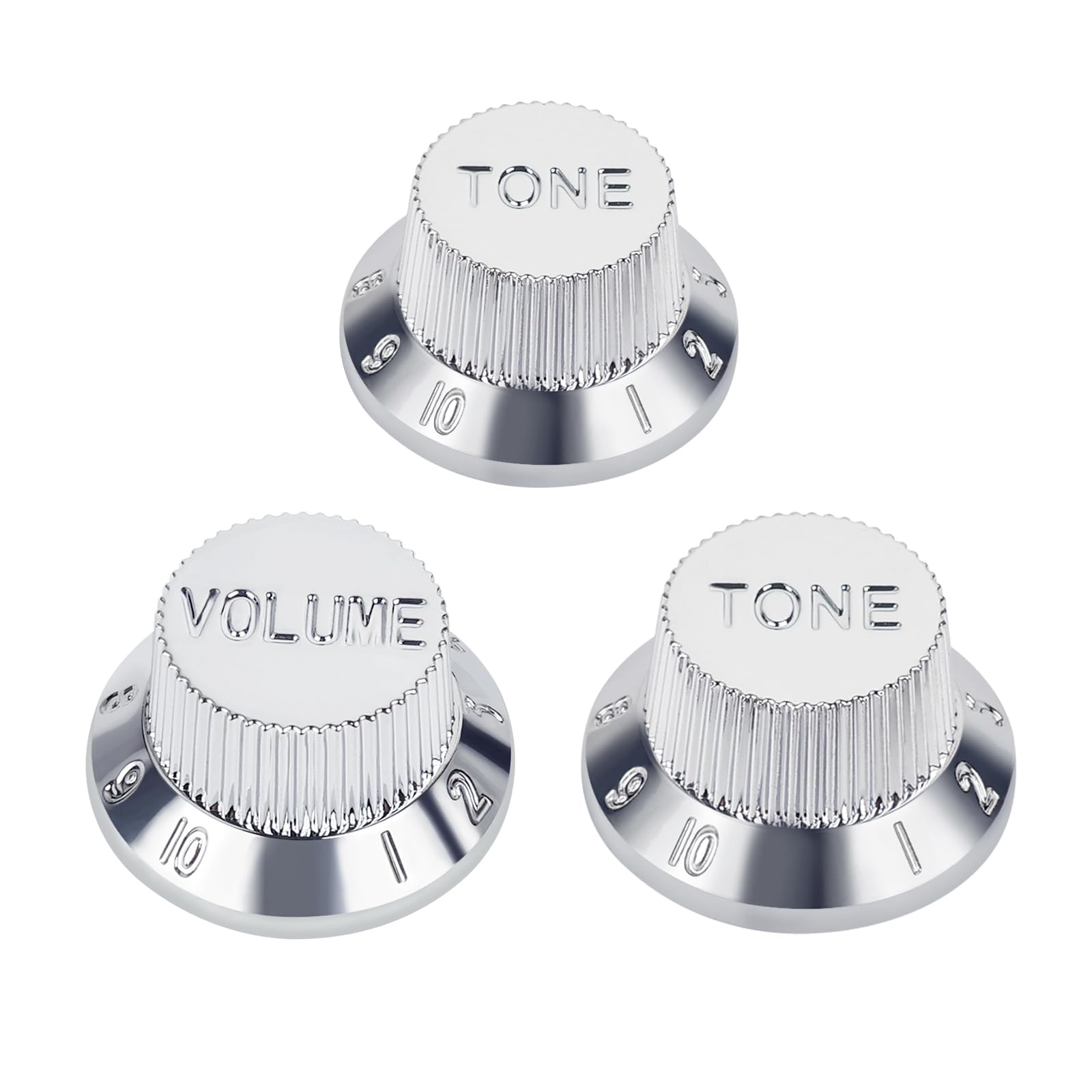 Banworks Electric Guitar Control Knobs 2 Tone and 1 Volume Knobs Speed Knobs Top Hat Metric 6mm (15/64") 18-Spline for Squier Strat Electric Guitars Pack of 3 JT/XN-04 Chrome