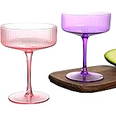 whatAmug 2 Pcs Ribbed Coupe Glasses, 10 oz Vintage Cocktail Coupe Glasses Set, Classic Cocktail Galssware, Bar Drinking Glasses Set Pefect, Wine, Champagne & Gift (PINK&PURPLE)