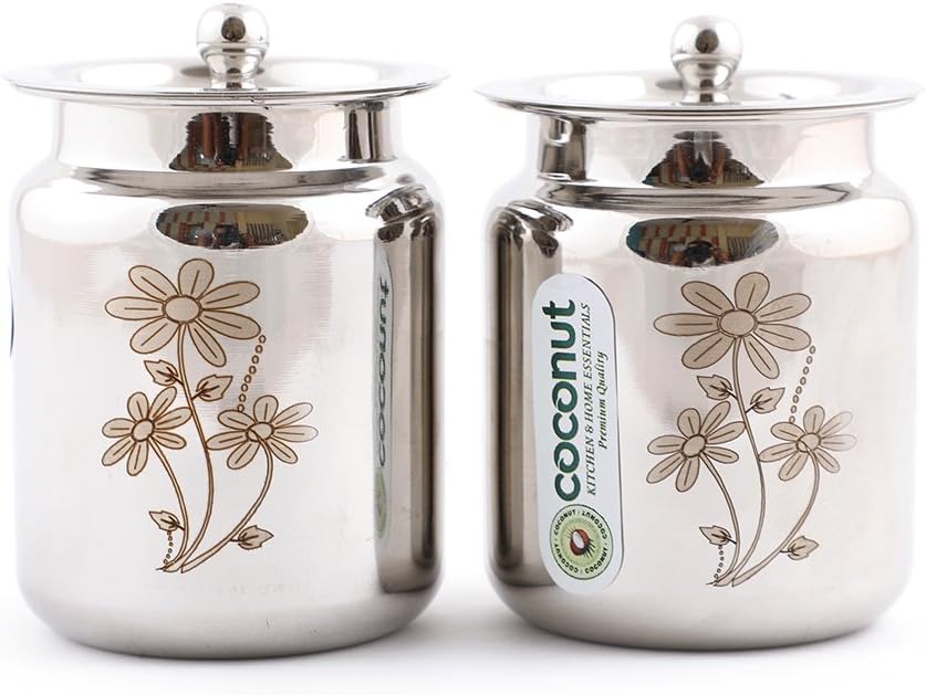 coconut Stainless Steel Laser Ghee Pot, 1500ml (Silver, Laser No.5) - 2 Pieces