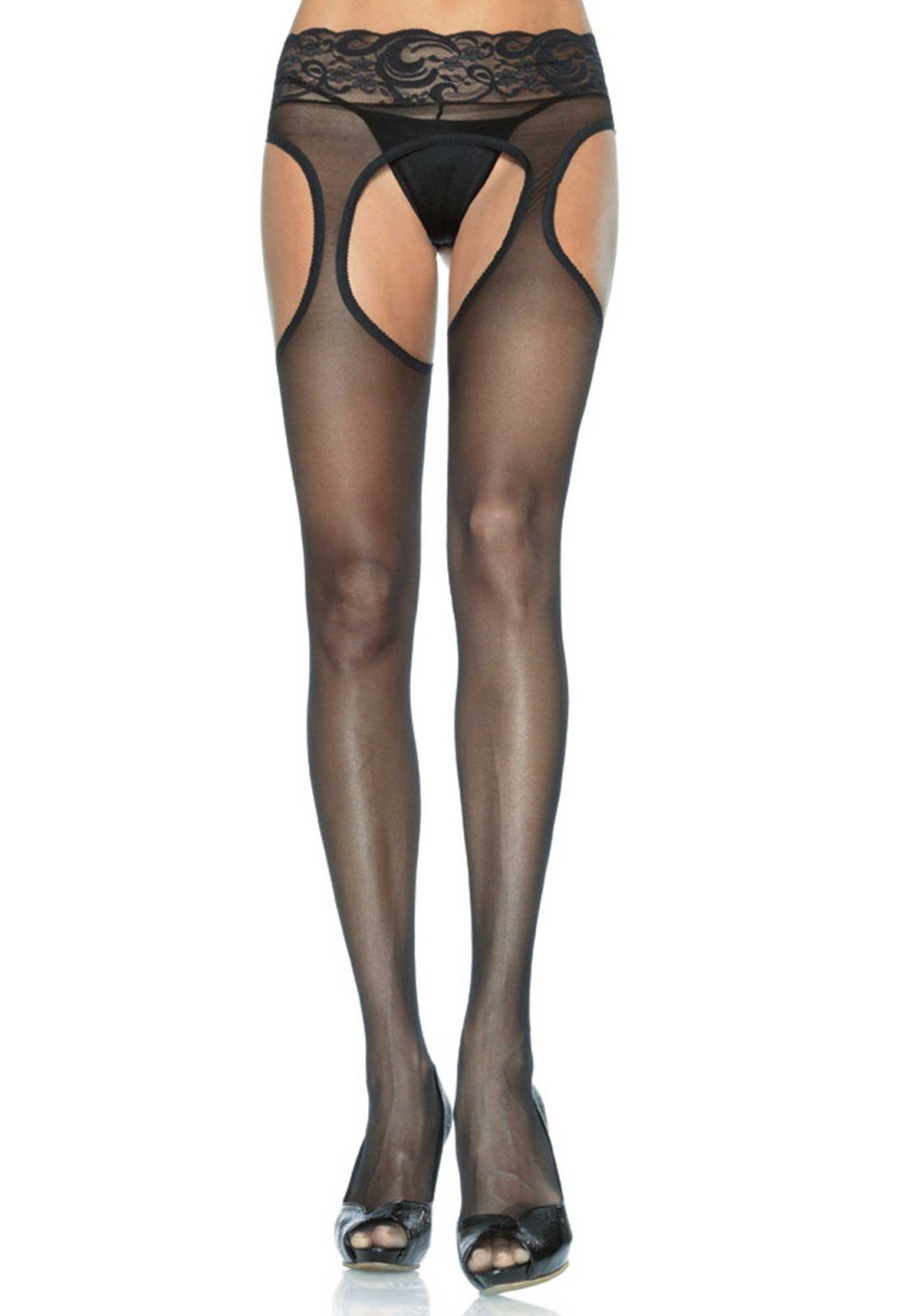 Leg Avenue Spandex Sheer Plus Size Black Suspender Hose with Lace Waist