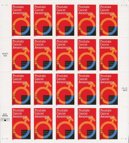 PROSTATE CANCER AWARENESS #3315 PANE of 20 x 33Â¢ US Postage Stamps