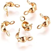 DICOSMETIC About 50Pcs 4mm Golden 304 Stainless Steel Calotte Ends Beads Vacuum Plating Bead Tips Knot Covers Clamshells Foldover Terminators Fold Over Bead for DIY Jewelry Making