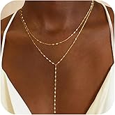 Fimhut Lariat Gold Necklace for Women, Dainty Long Necklace 14k Gold Plated Y-Shaped Necklace Trendy Layered Bar Paperclip Link Beaded Chain Necklaces Simple Gold Jewelry for Women Gift