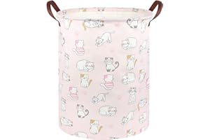 FXOCSHE Pink Hamper,Cat Laundry Basket,Canvas Fabric Collapsible Cute Storage Baskets with Handles,Pink Clothes Hamper,Kids Toy Storage Basket,Toy Organizer,Cat Room Decor(Pink Cat)