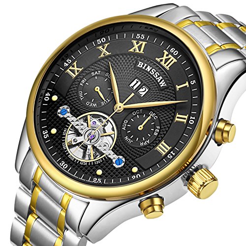 2017BINSSAW authentic brand men s automatic mechanical watches the tourbillon hollow-out the waterproof watch stainless steel strap watch (black)