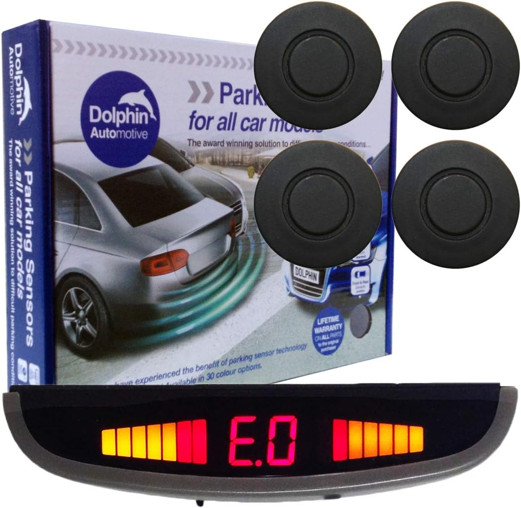 Dolphin DPS455 Reverse Parking Sensors In 32 Colours 4 Ultrasonic Radar Sensors Kit Audio & Rear Roof Mounted Display Alert System Matt & Gloss Black +30 More Colours (Matt Black)