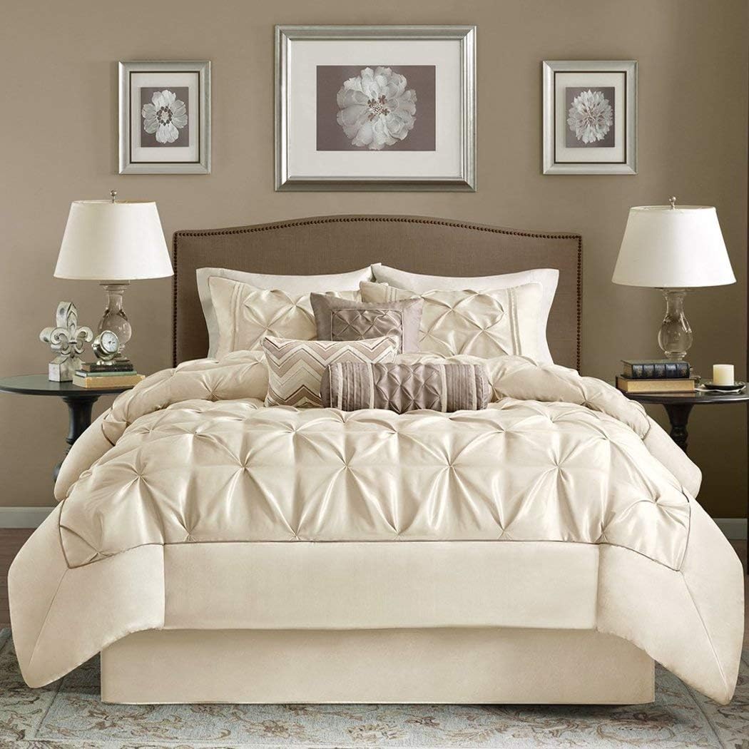 OSD Black 7pc Ivory Cream Beige Pinch Pleated Comforter King Set, Stylish Pin Tuck Puckered Texture, Light Tan, Plush Pinched Pleat Bedding, Chic Pintuck Diamond Tufted Texture Themed