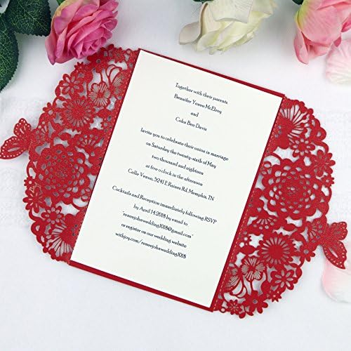 FEIYI 25 pieces Laser Cut Lace Pattern Wedding Invitations Cards For Wedding Baby Shower Rehearsal Dinner Invites Birthday Invitation (red)