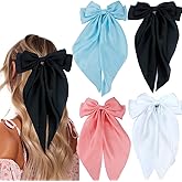 4 Pieces Silky Satin Hair Bows Ribbon Hair Barrettes Clip Large Bow Hair Slides Metal Clips French Barrette Long Tail Hair Accessories Hairpin for Women Girls(Jade Pink, Black, Blue, White)