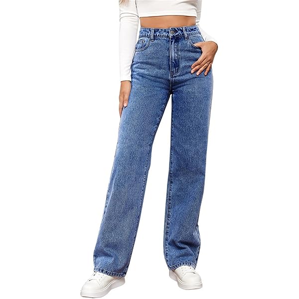 Women's Jeans Mid Waisted Straight Leg Casual Loose Denim