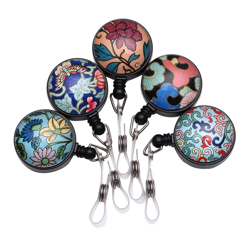Purida Name Badge Reel,ID Badge Reels with Belt Clip,Nursing Badge Reel, 5 Assorted Patterns Deco,Asia Porcelain