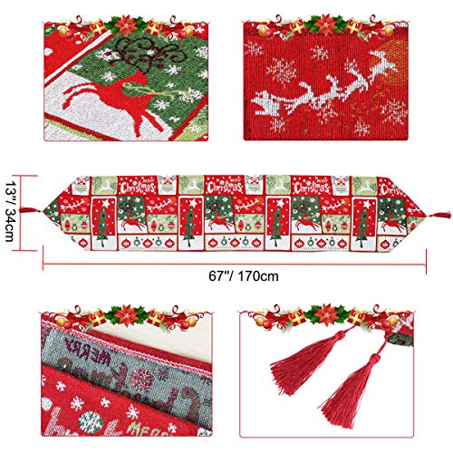 WizPower Christmas Table Runner, Cotton & Burlap Table Runner, Christmas Tree Elk Table Cloth for Christmas Table Decoration, Family Dinners or Gatherings, Indoor or Outdoor Parties