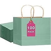 qiqee 100PCS Large Gift Bag with Handles Bulk 13"x4.5"x10" Gift Bags Kraft Light Blue Multiple Uses (32x11x25cm,Wide Large)