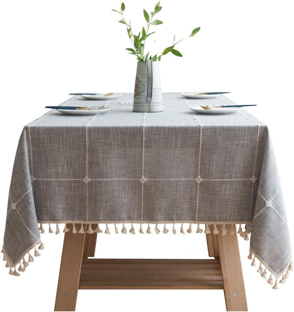 Deggodech Simple Elegant Tassel Tablecloth Cotton Linen Table Cloth Washable Rectangular Grey Grid Dust-proof Table Cover for Kitchen Dinning Table Decoration (Grey Grid, 140 * 240cm/55"*94")