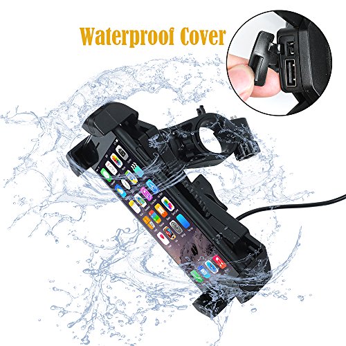Motorcycle Phone Mount with Charger 5V 2.4A USB Port Install on Handlebar/Mirror Bar, Leepiya Cell Phone Holder for iPhone X 8 7 6 5 Plus, Galaxy S9 S8 S7 S6 Plus and All 3.5 to 6" Mobile Phone/GPS
