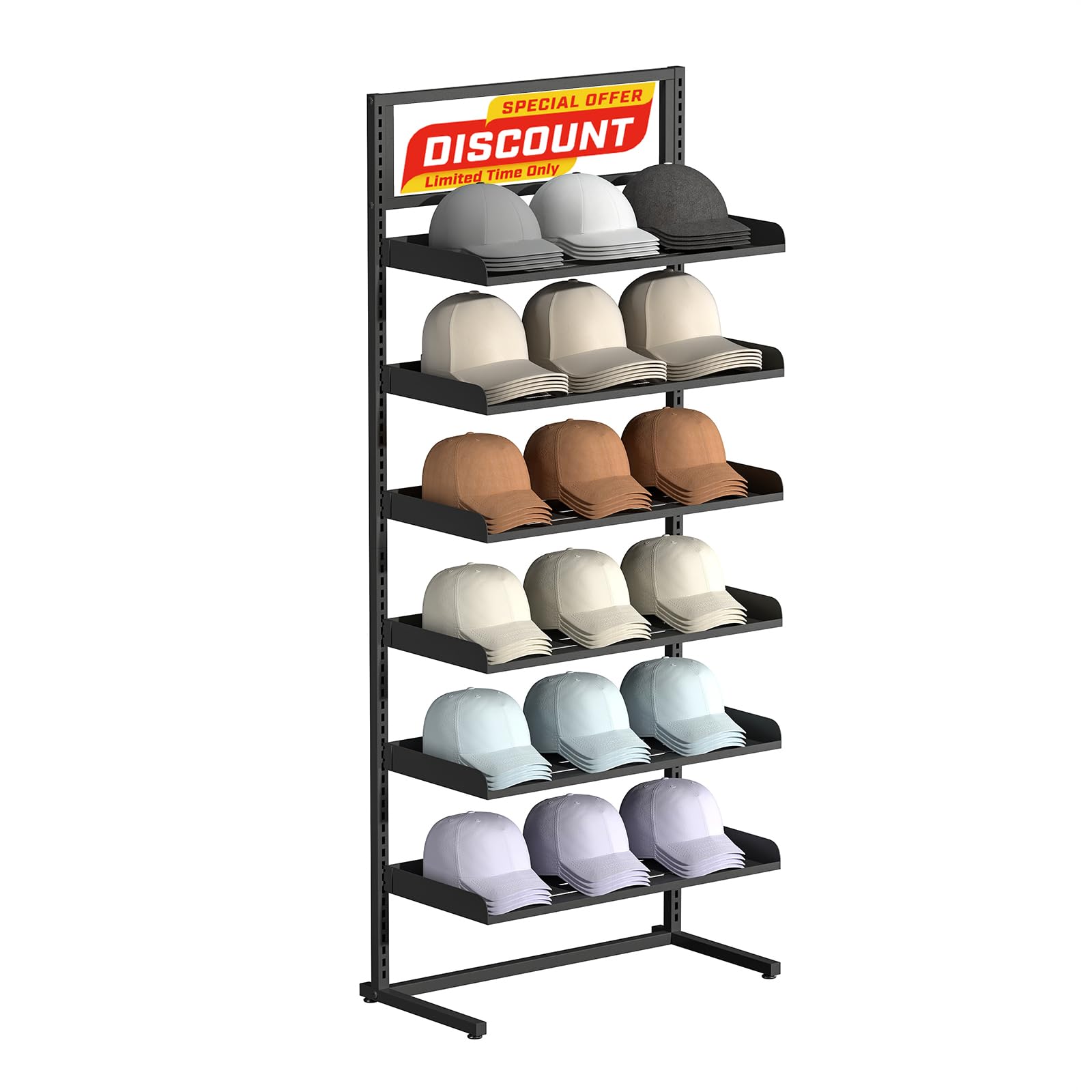 Photo 1 of bimiti Large Hat Rack Stand 6-Tier Adjustable Baseball Cap Storage Organizer with 6 Trays | Heavy-Duty Metal Coat Rack for 180 Hats, Home & Commercial Use (Black)