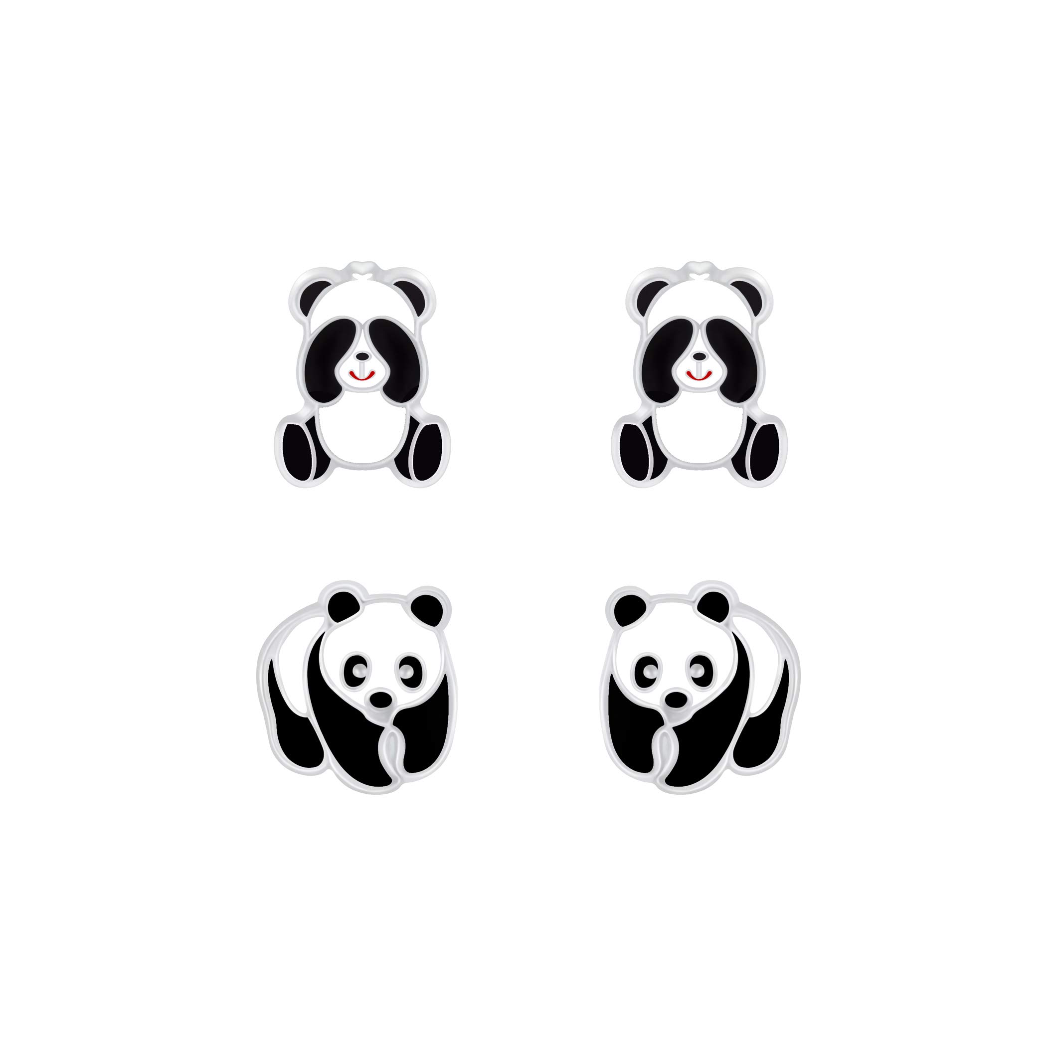 Sterling Silver Panda Earrings Set for Girls & Women - 2 Pairs of Adorable Enamel Studs - I love silver jewellery