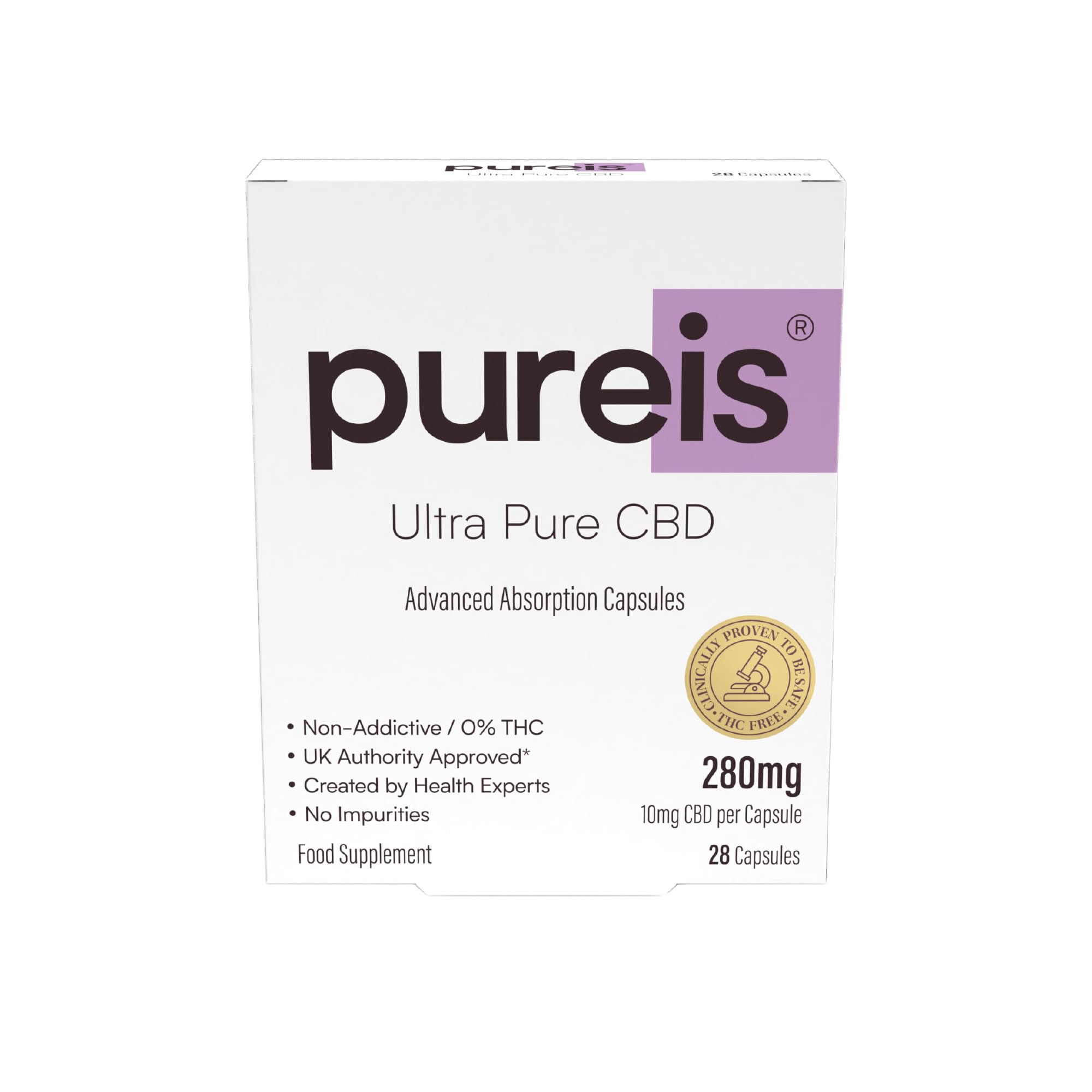 Pureis CBD Capsules, Ultra Pure, Advanced Absorption - CBD Supplement Fast Absorption - 10mg - 0% THC, Non-Addictive, Vegan, Gluten-Free - 28 Capsules