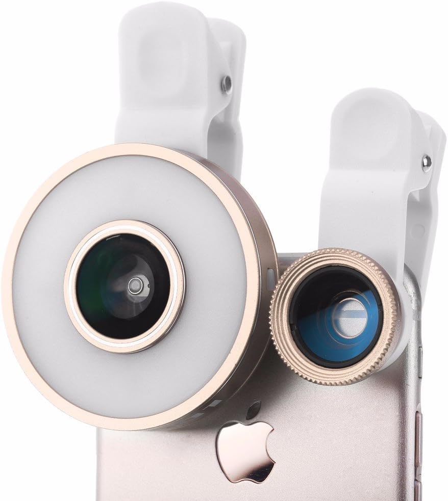 buytosave [ MX-601 ] Universal LED Dimmable Selfie Light Fill-in Light + 0.65X Wide Angle Lens + 10X Macro Lens+185 Degree Fisheye Lens Kit for iPhone 7 6S Plus Samsung Galaxy S7 Edge (1) (Gold)