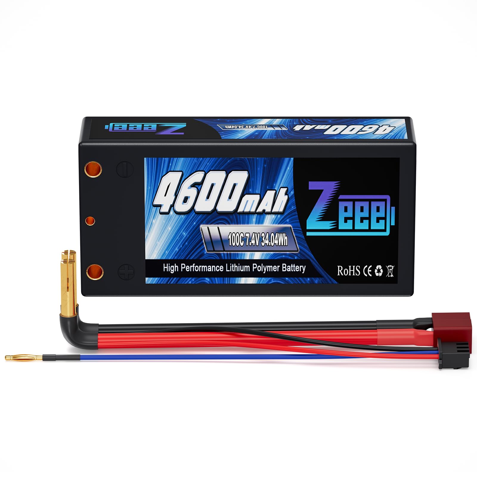 Zeee 2S Lipo Battery 4600mAh 7.4V 100C Shorty Lipo Battery Hard case with 4mm Bullet to Deans T Plug for RC 1/10 Scale Vehicles Car, Trucks, Boats
