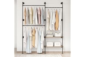 DABILONGC Industrial Pipe Clothes Rack,Wall Mounted Closet Wardrobe Rack, Corner L Shaped Walk-in Closet System, 2 Installation Methods (Black, 80" H x 55" W)