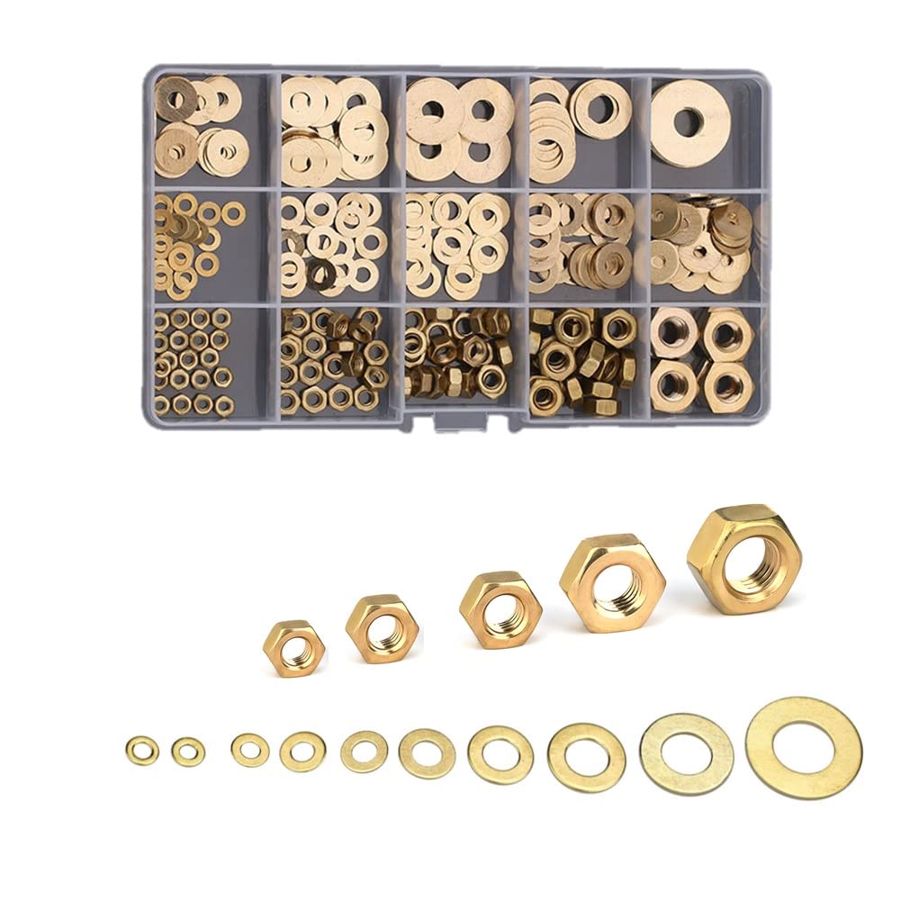 CONPHERON 253pcs M3 M4 M5 M6 M8 Brass Hex Nuts and Flat Washers Assortment Kit for Screws Bolts