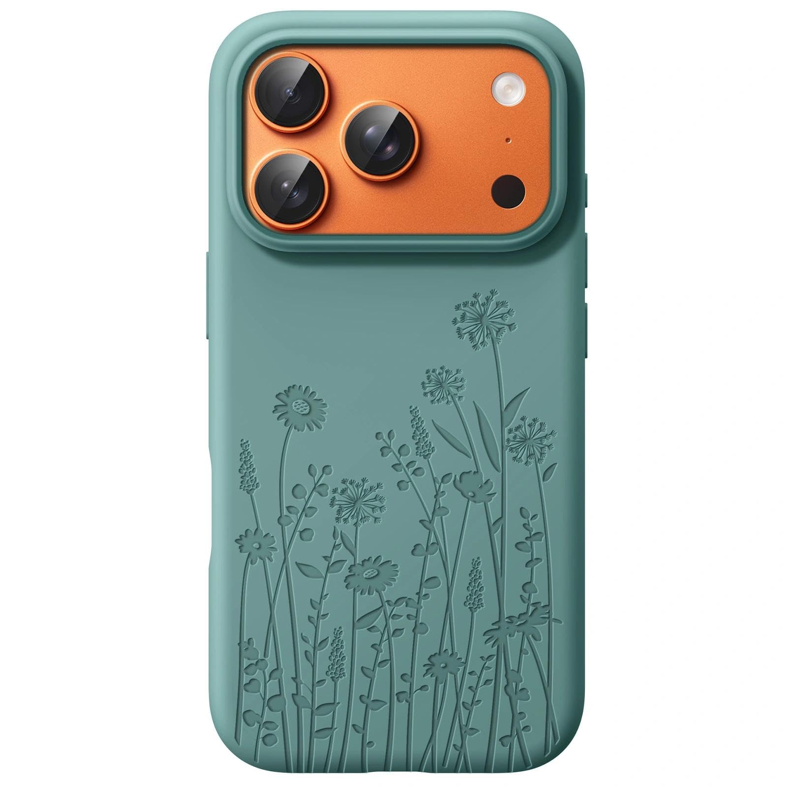 FEWGEY Liquid Silicone Case for iPhone 17 Pro Max Compatible with Magsafe, Fall Engraved Floral Design Shock Proof Heavy-Duty Protection Hard Phone Case for Women Girls, Midnight Green