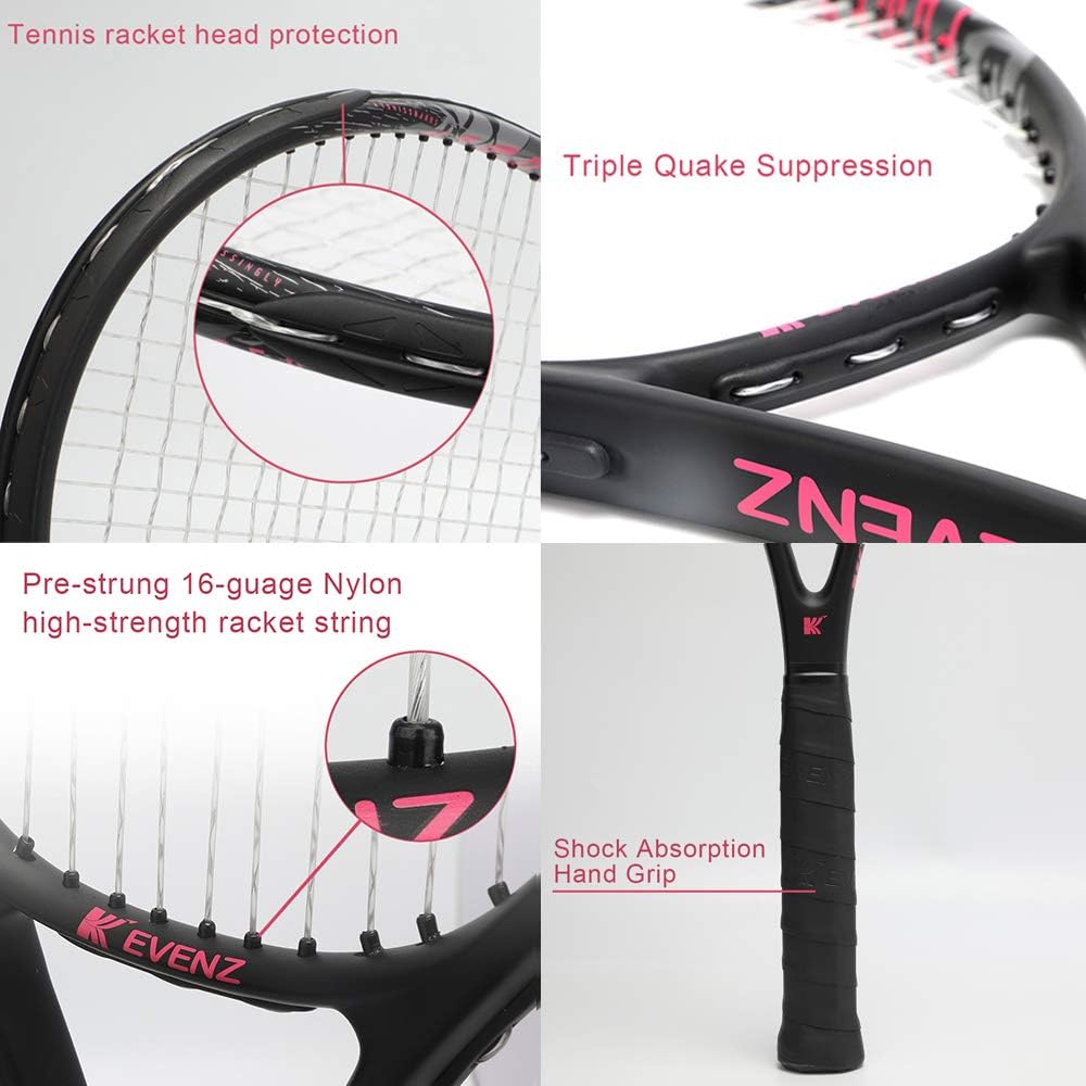 KEVENZ Adult Carbon Fiber Tennis Racket, Super Light Racquets, 4-1/2 inch Good Control Grip Strung, Include Tennis Bag Tennis Overgrip (Black) : Sports & Outdoors