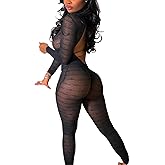 RISCUYY Sexy Jumpsuits for Women Sheer Mesh Long Sleeve Mock Neck Backless Jumpsuit Bodycon Sexy Clubwear