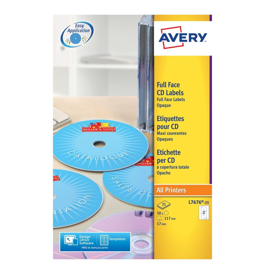 Avery L7676-25 Easy Application Full Face CD Labels, Printable & Customisable, Matt White, 117 mm, 2 Labels per Sheet, 50 Labels per Pack