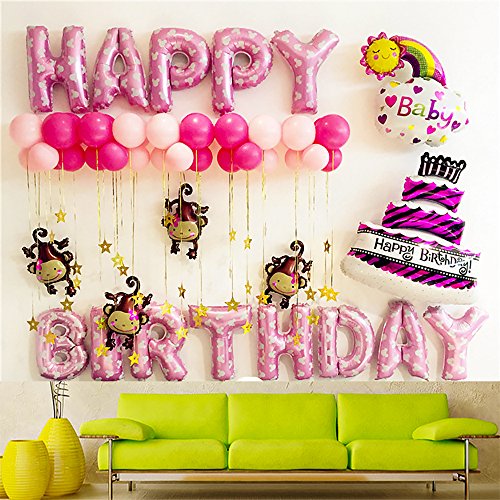 Birthday Party Balloons Decoration Set | Happy Birthday Balloon Aluminum Foil Banner Pump Star Stripe Glue Sticker and Supplies | Pink Set Monkey Cloud Children Birthday Cake Kid Decor