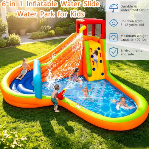 Inflatable Water Slide,6 in 1 Bounce House Outdoor Backyard,Waterslide with Slide,Large Splash Pool,Archway,Sprinkler,Climbing Wall & Water Cannon,480W Blower Included,Backyard Water Park