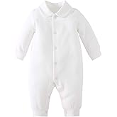 pureborn Unisex Baby Jumpsuit Infant Boys Girls Cotton Spring Fall Romper One-Piece Coverall Baptism Outfit White 0-24 Months
