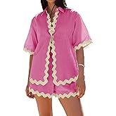 Misng Womens Summer 2 Piece Matching Set Vacation Outfits Cruise Beach Summer Short Sleeve Oversized Shirts And Shorts Sets