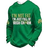 GQN St Patricks Day Shirt for Men,Green Waffle Crewneck Sweatshirt with Shamrock and Sleeve Emblem