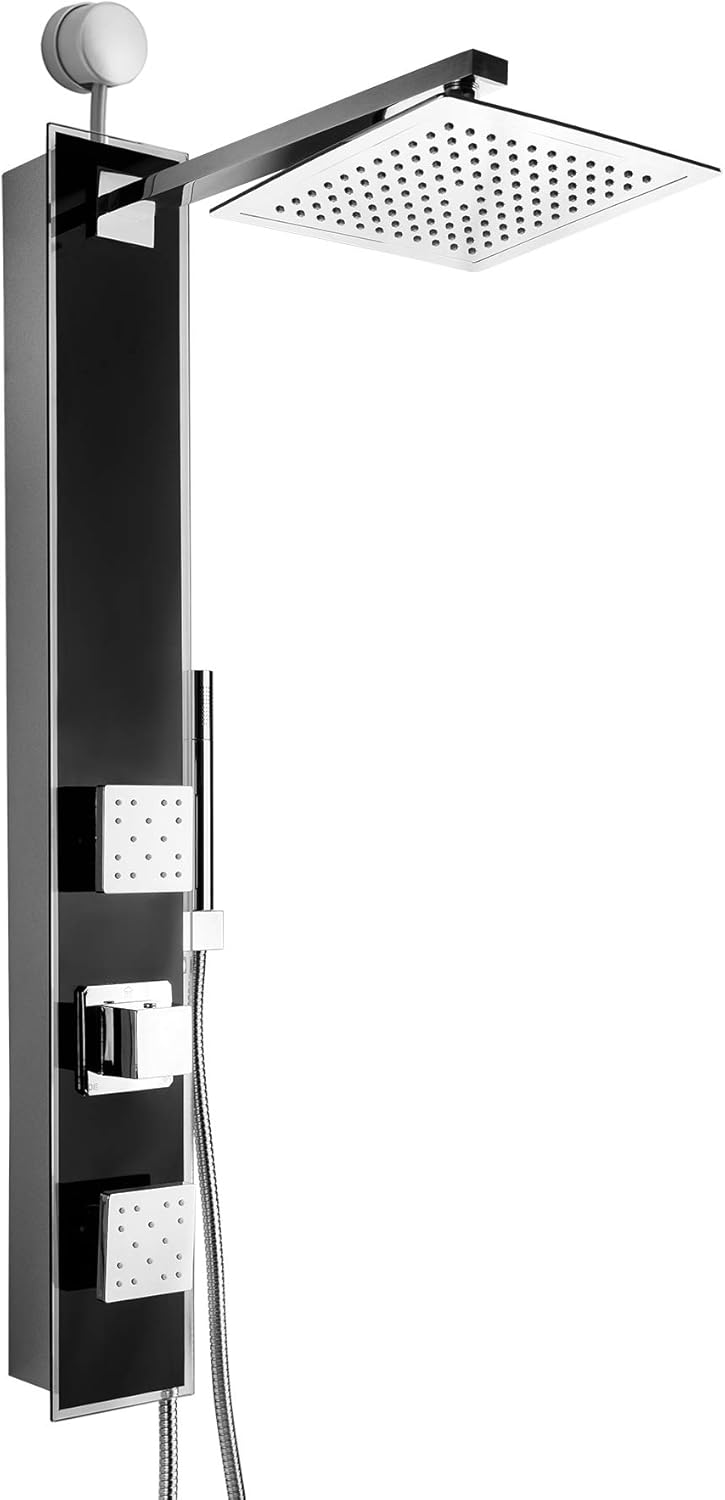 AKDY 35 in. 2-Jet Easy Connect Shower Panel System Mirror Black Tempered Glass with Rainfall Shower Head and Handshower Wand