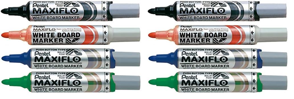 Pentel 6.0mm Bullet Tip Wallet 4 Maxiflo White Board Marker Liquid Ink Marker - Black/Red/Blue/Green (Pack of 2)