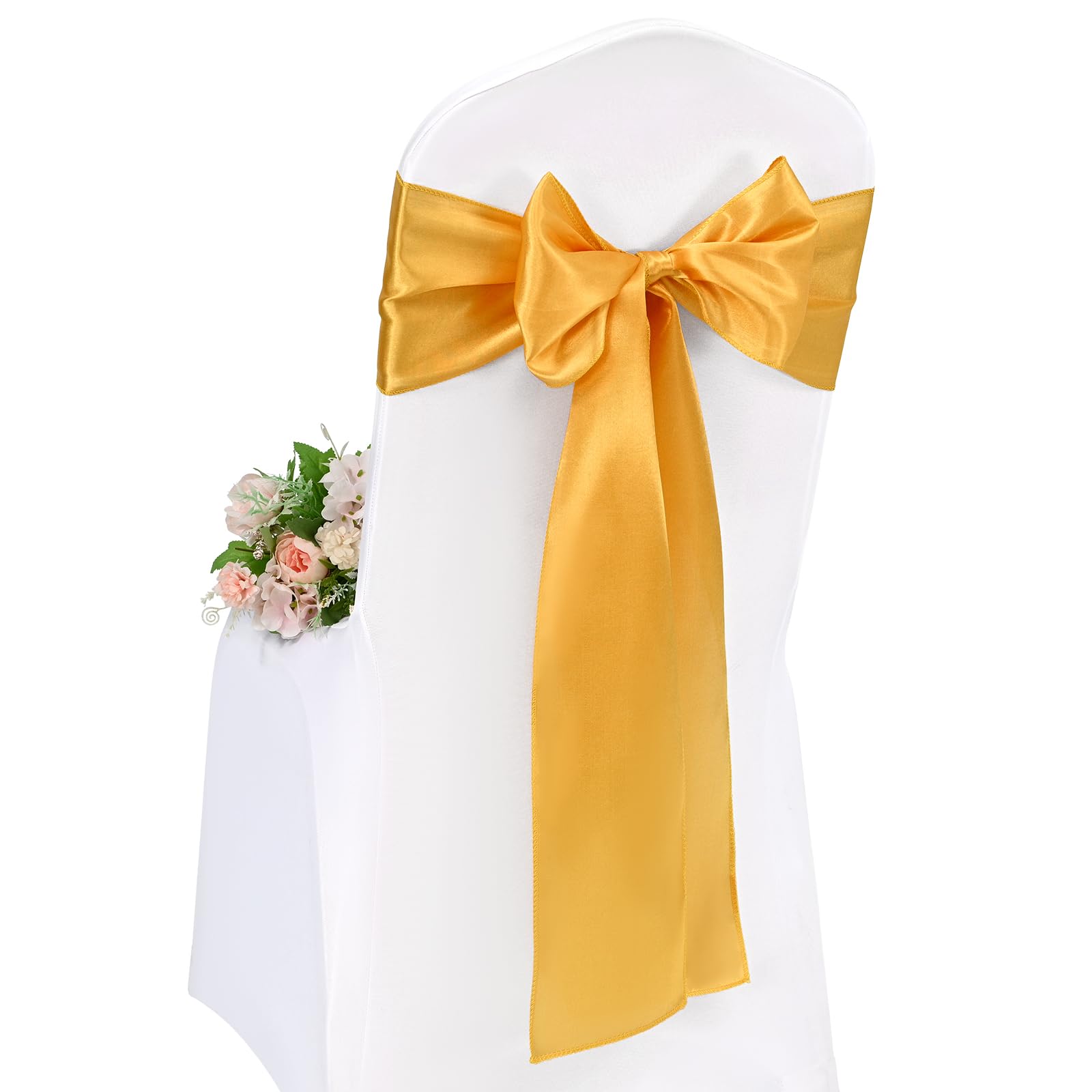 Pesonlook 50 Pcs Gold Chair Sashes, Satin Chair Cover Bands 7X108 Inch Chair Sashes Bow Back Tie Ribbon For Wedding Party Hotel Decorations (17X275 CM)
